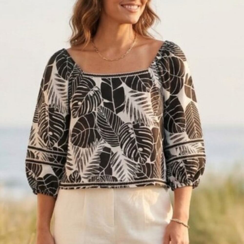 Cynthia Rowley Tropical Palm Print Linen Blend Black White 3/4 Sleeve Top S